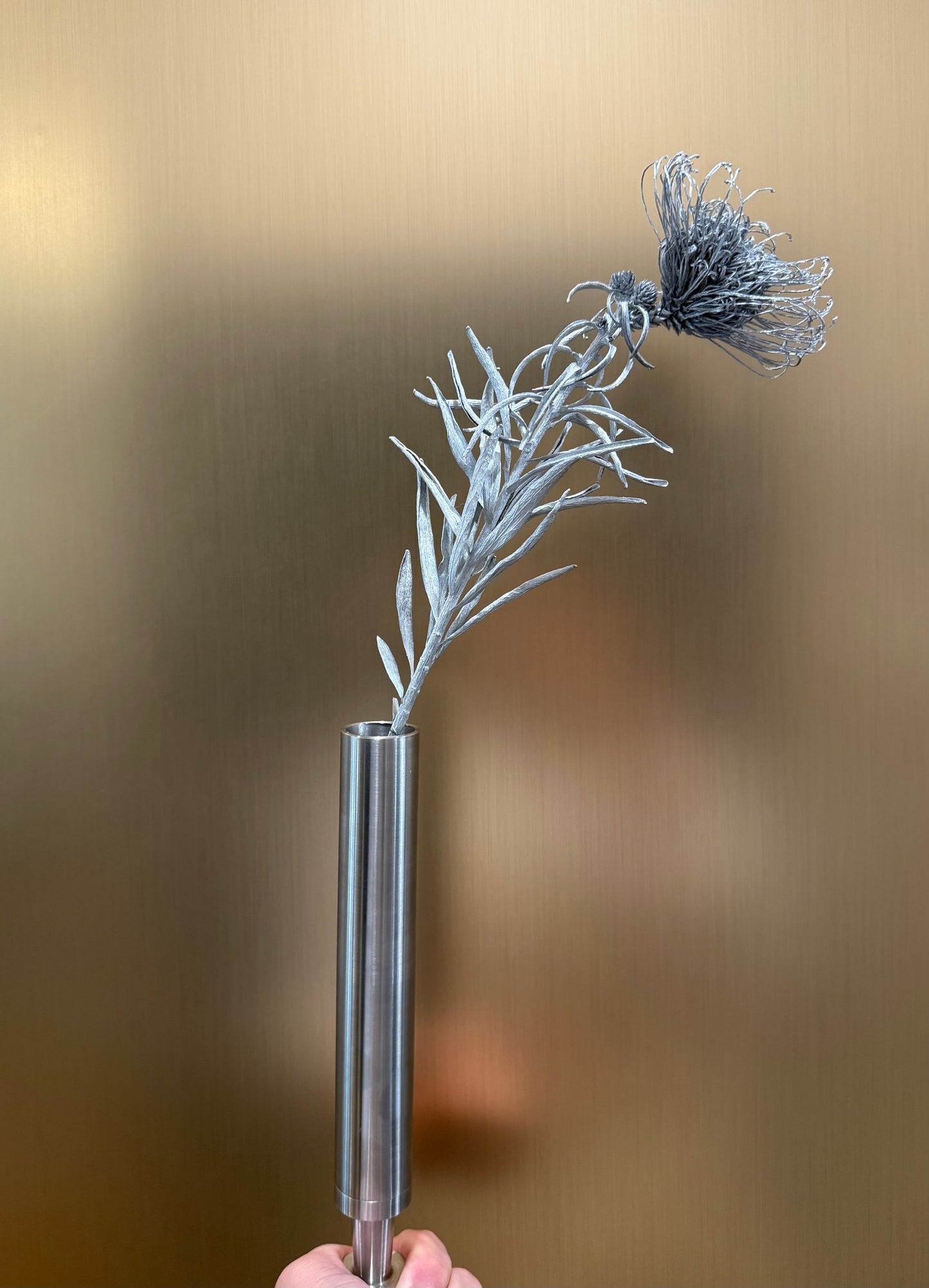Protea and stainless steel vase
